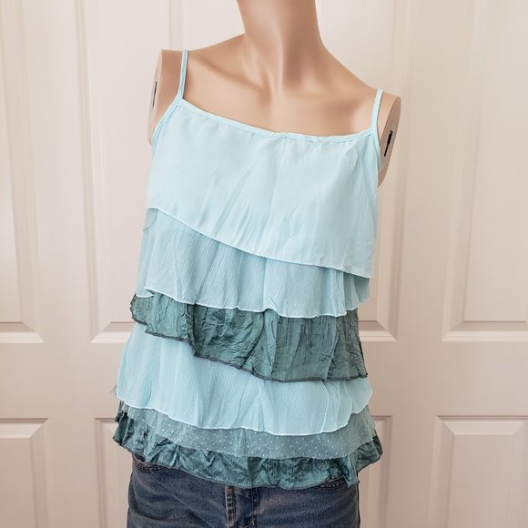 Blue Chip Mixed Media Ruffle Camisole Tank SZ S - Picture 2 of 9